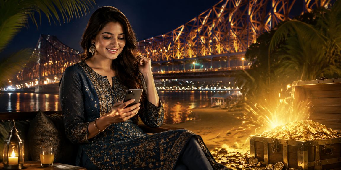 Mobile user playing rummy in traditional kurti in Kolkata