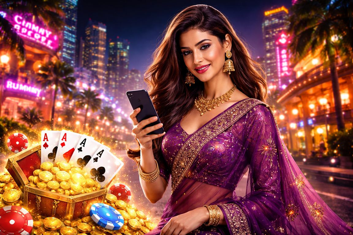 Mumbai-based player enjoying rummy game on mobile in stylish urban setting